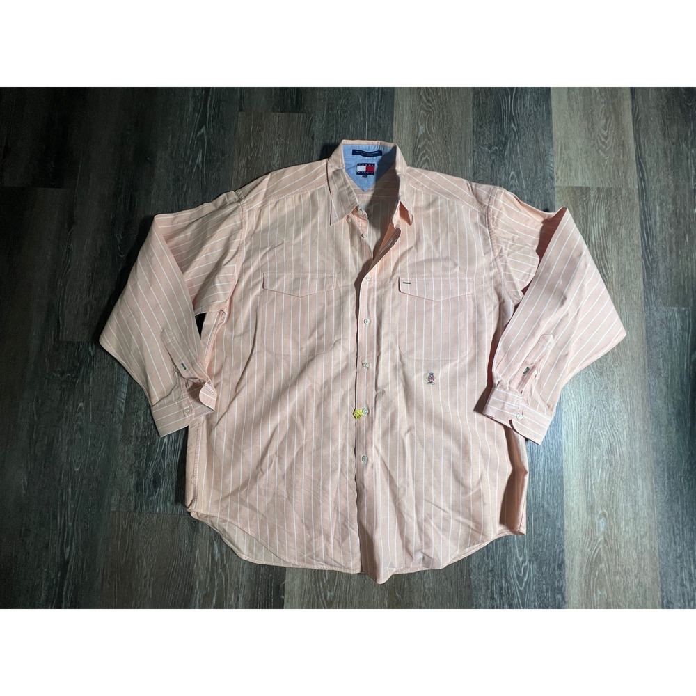 Tommy Hilfiger Button Down Mens‎ XL Peach Orange Stripe Dual Pocket Cotton